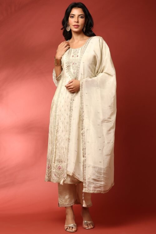 Beige three piece tissue silk hand embroidered anarkali set