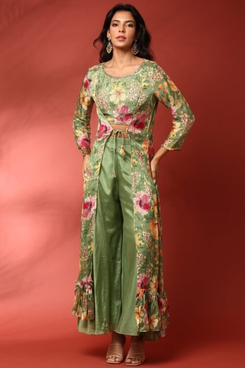 Green floral printed hand embroidered three piece jacket set