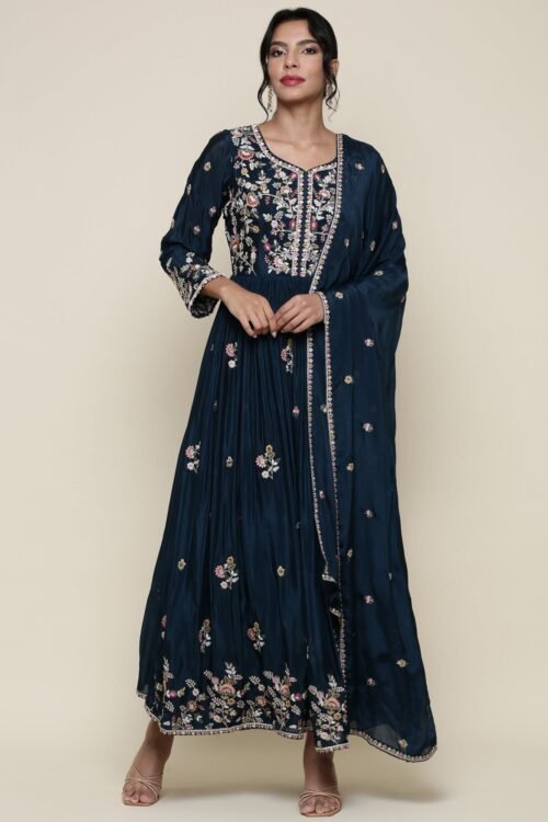Peacock georgette resham embroidered anarkali set