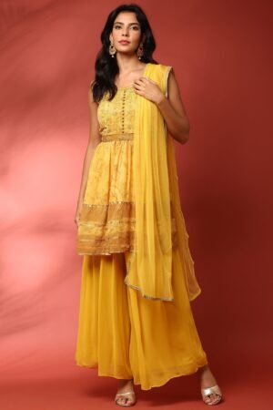 Yellow georgette embroidered peplum and palazzo Three piece set