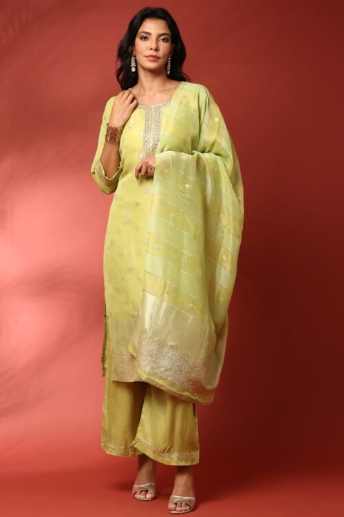 Pista Green Tissue Hand Embroidered three Piece suit set