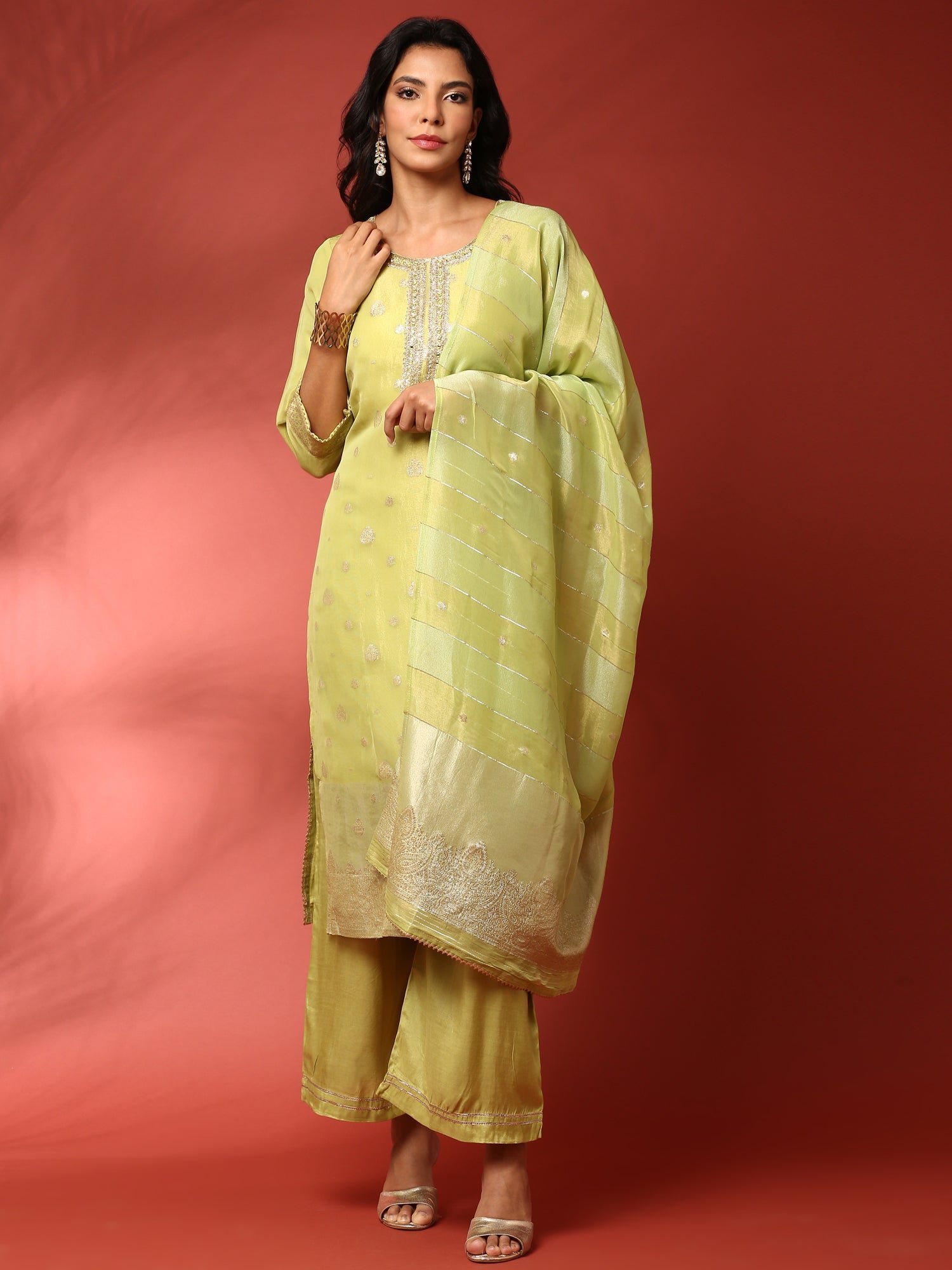 Pista Green Tissue Hand Embroidered three Piece suit set