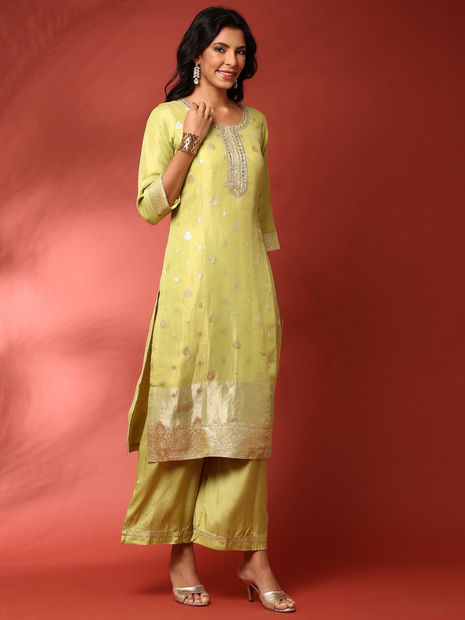 Pista Green Tissue Hand Embroidered three Piece suit set - Image 2