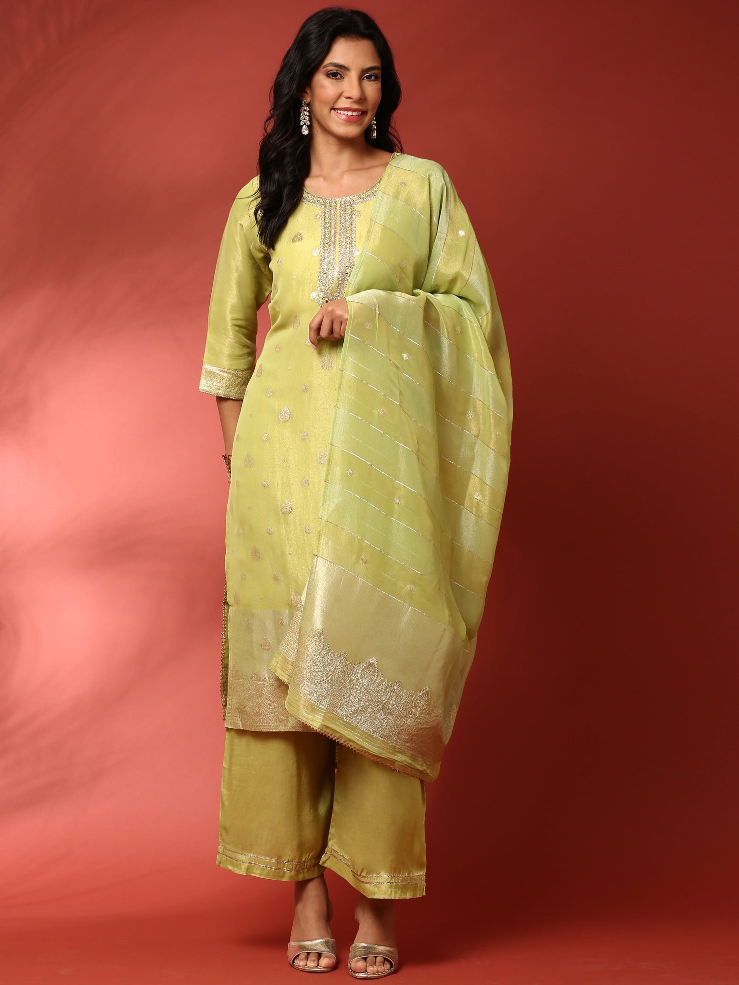 Pista Green Tissue Hand Embroidered three Piece suit set - Image 5