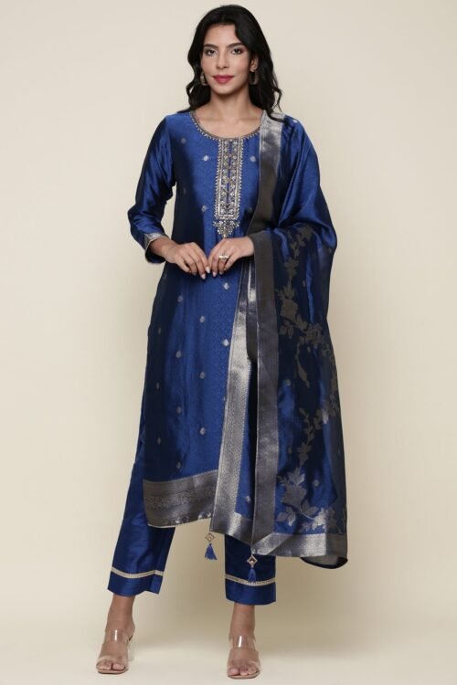 Midnight Blue Silk Hand embroidered three piece suit set