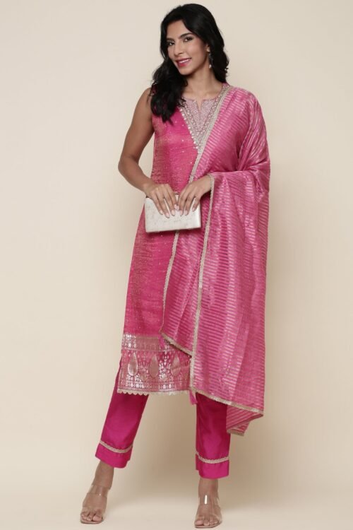 Pink Tissue Suit Embroidered three piece set