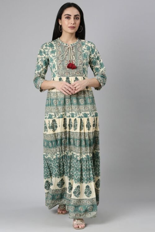 Transacthubs Green Flared Floral Maxi Dresses – Casual Chic Style