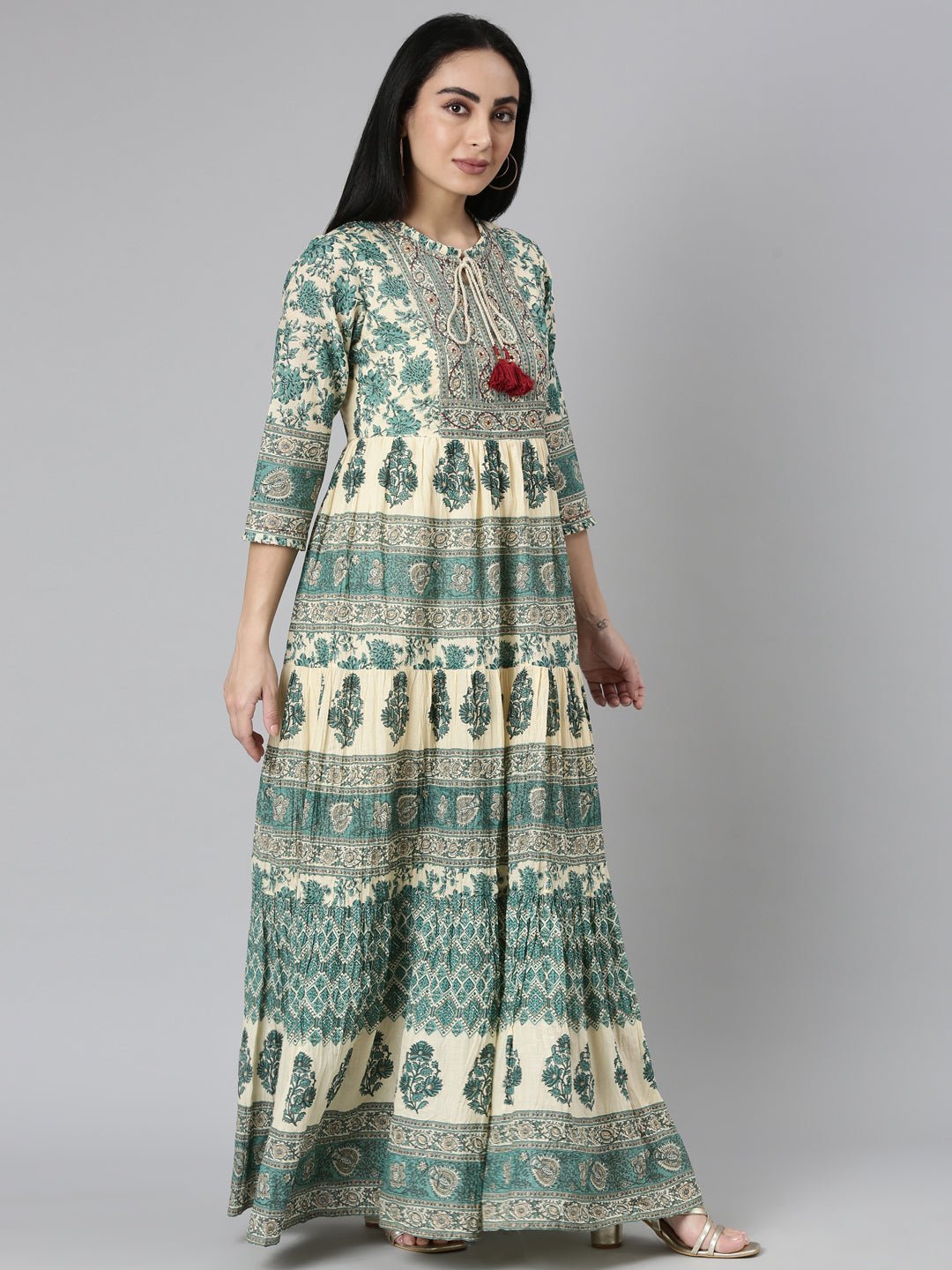 Transacthubs Green Flared Floral Maxi Dresses - Casual Chic Style - Image 2