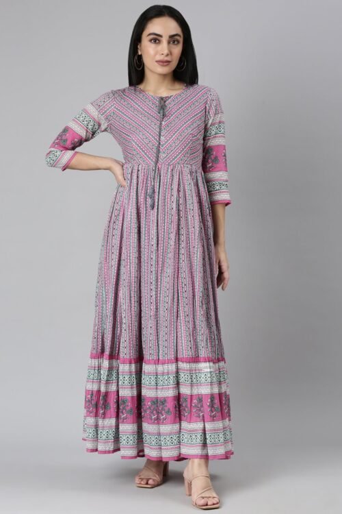 Transacthubs Pink Curved-Hem Casual Ethnic Motifs Maxi Dresses