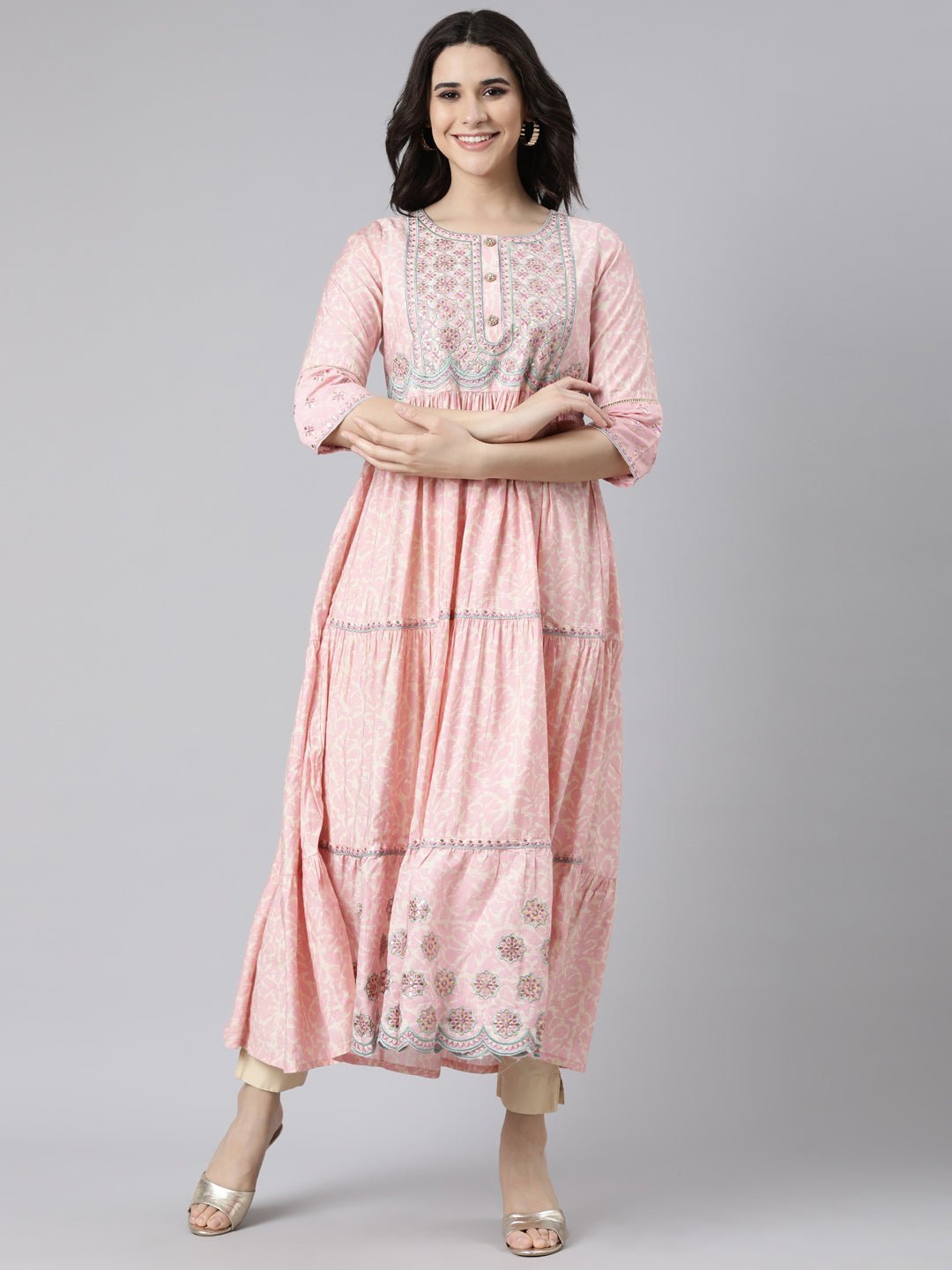 Transacthubs Pink Flared Floral Maxi Dresses - Casual Chic for Everyday Wear