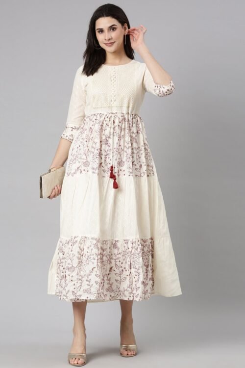 Transacthubs Cream Floral Flounce Dresses – Casual Fit-and-Flare Silhouette