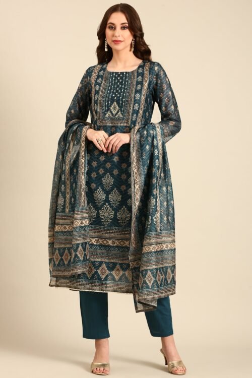 Teal printed three piece suit set