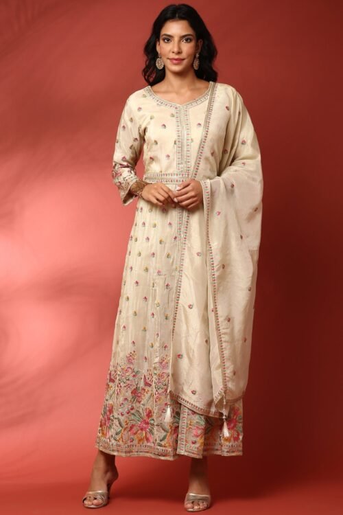 Cream floral thread work tissue fabric three piece anarkali set