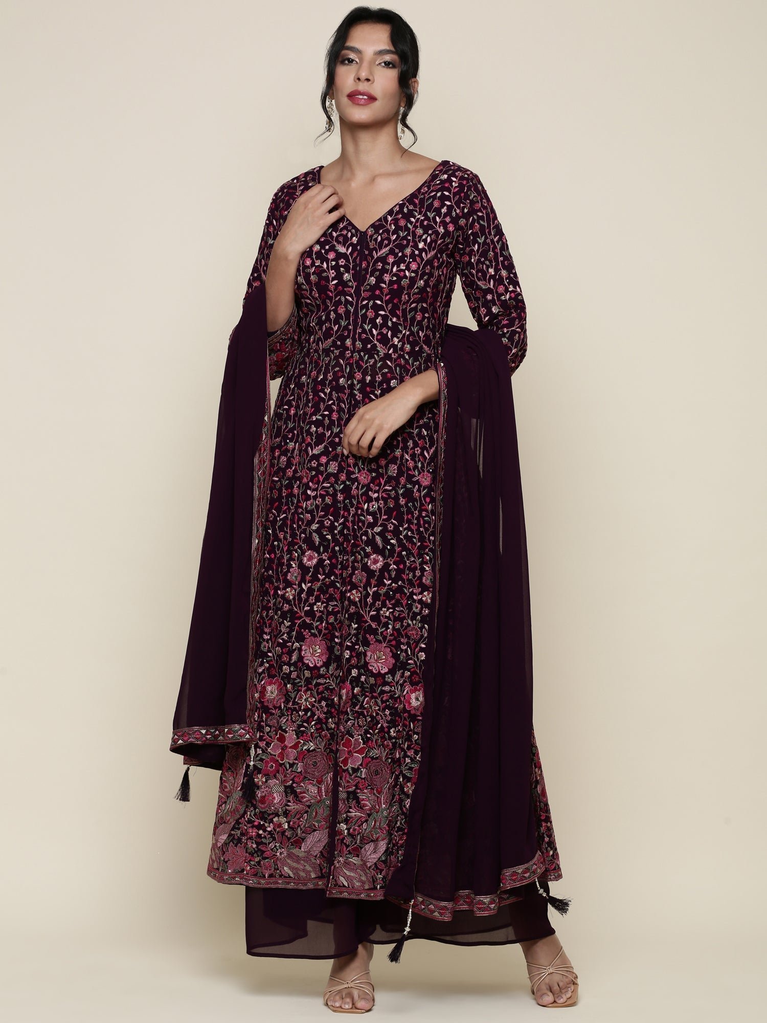 Wine georgette embroidered front silt anarkali three piece set - Image 2