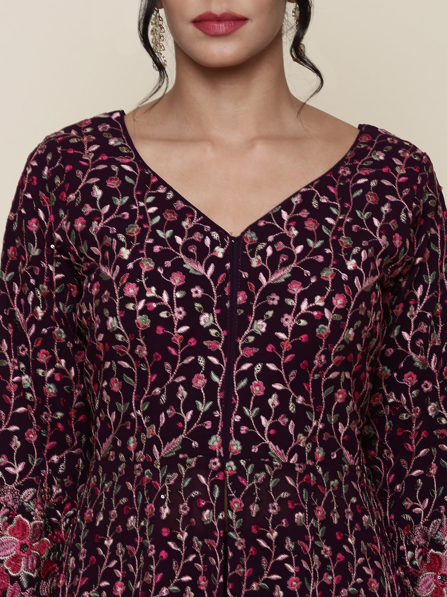 Wine georgette embroidered front silt anarkali three piece set - Image 5