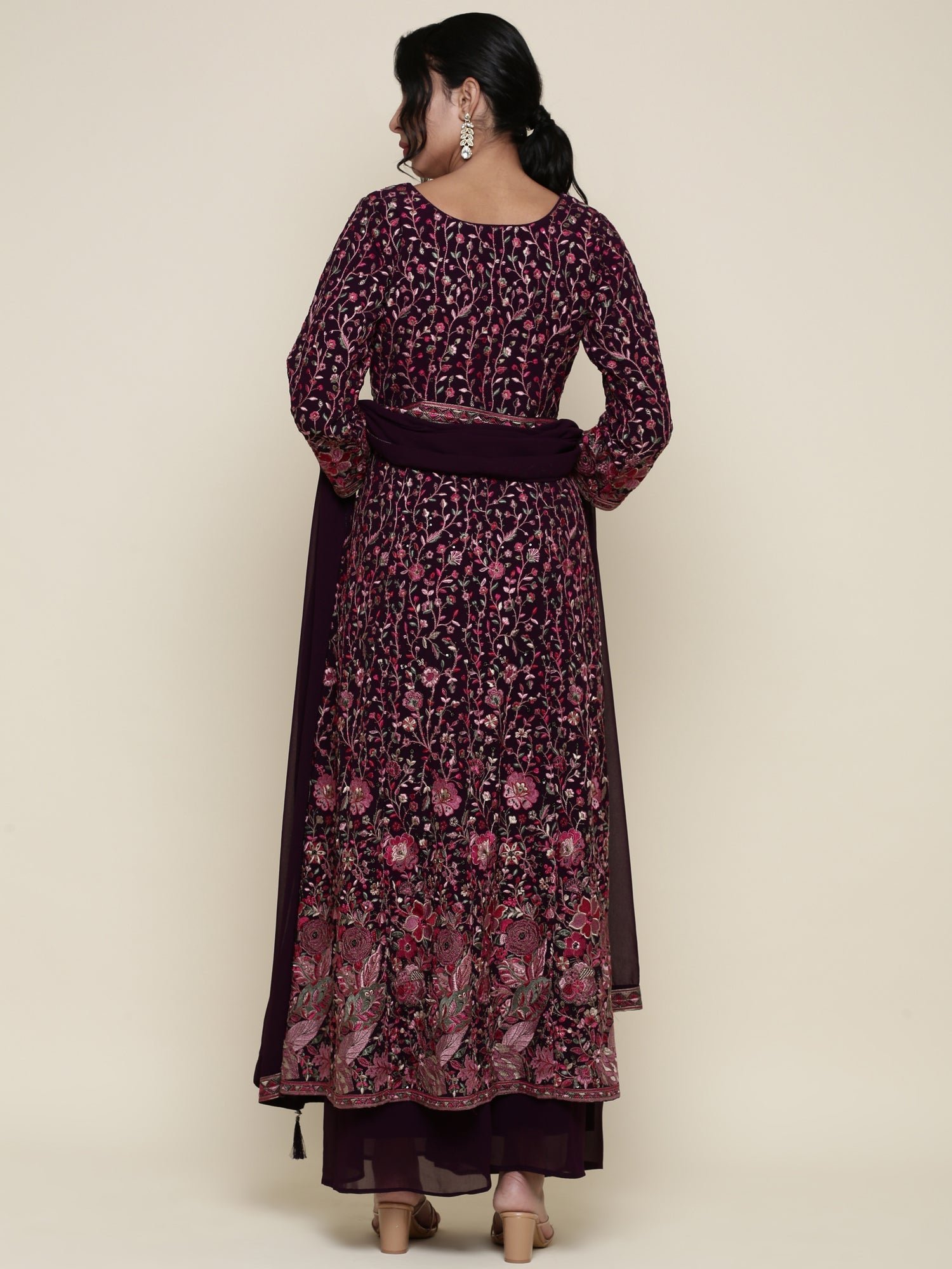 Wine georgette embroidered front silt anarkali three piece set - Image 4