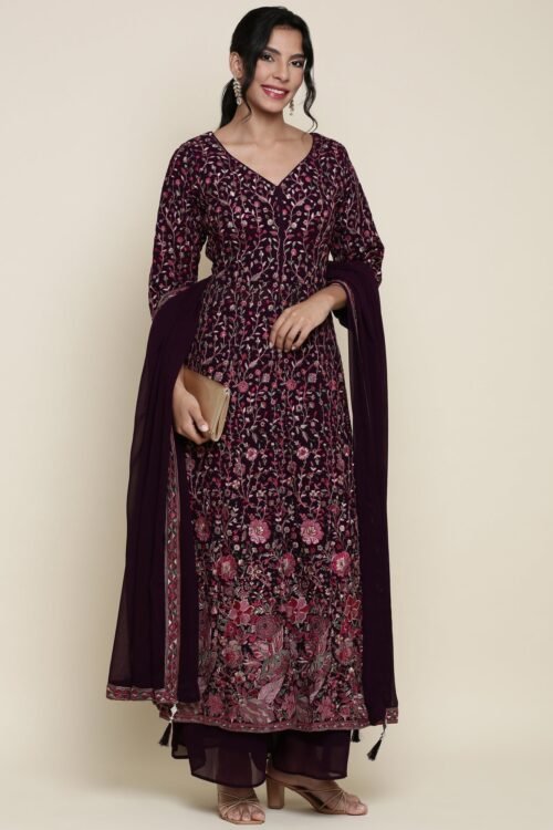 Wine georgette embroidered front silt anarkali three piece set