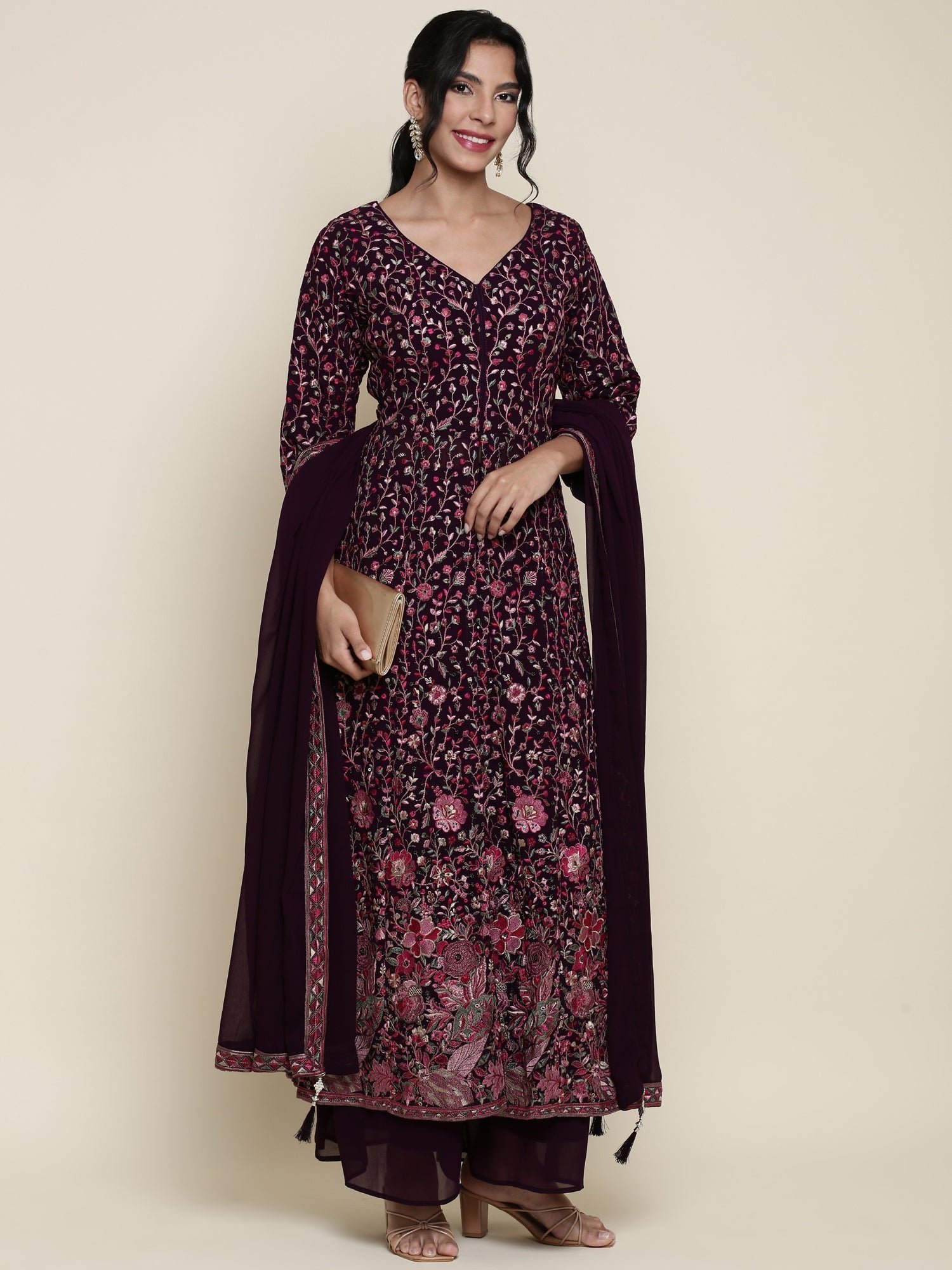 Wine georgette embroidered front silt anarkali three piece set
