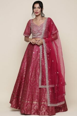 Banaras pink emrboidered Three piece ghagra set