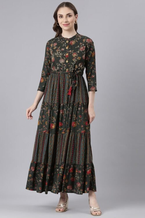 Transacthubs Olive Floral Maxi Dresses in Viscose Rayon – Straight-Cut, Casual Style