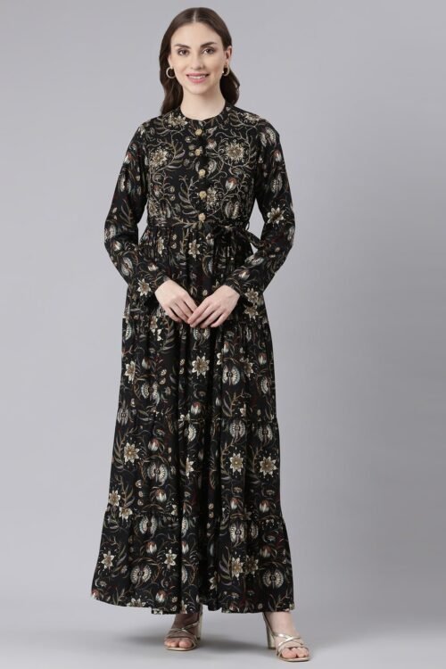 Transacthubs Black Viscose Rayon Curved Silhouette Casual Floral Maxi Dresses