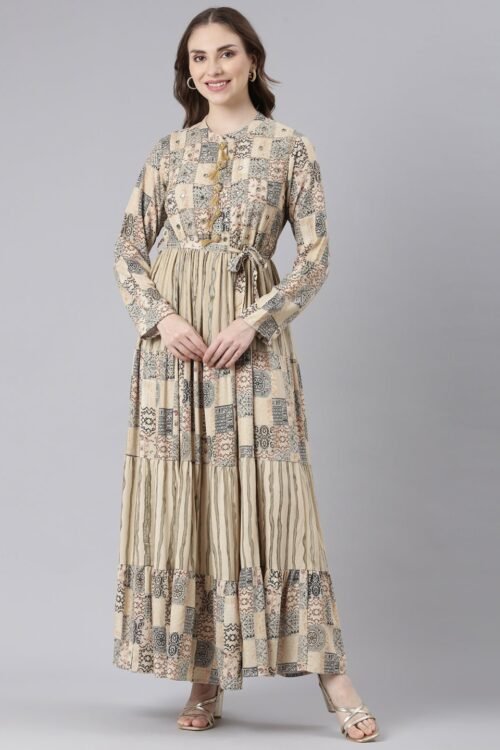 Transacthubs Beige Viscose Rayon Curved Geometric Maxi Dresses – Casual Everyday Wear