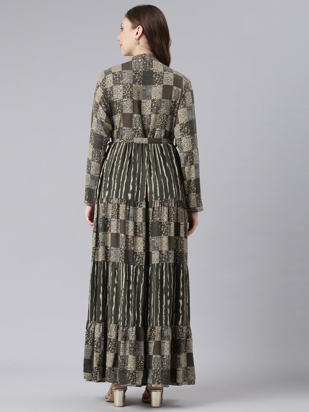 Transacthubs Olive Viscose Rayon Maxi Dresses with a Curved Silhouette – Casual Geometric Print - Image 4