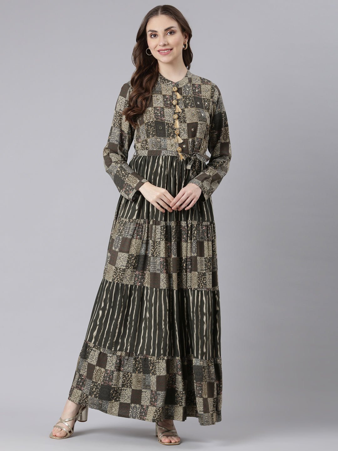 Transacthubs Olive Viscose Rayon Maxi Dresses with a Curved Silhouette – Casual Geometric Print - Image 6