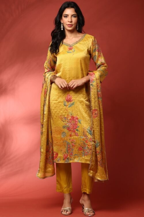 Mustard Floral printed crepe three piece suit set