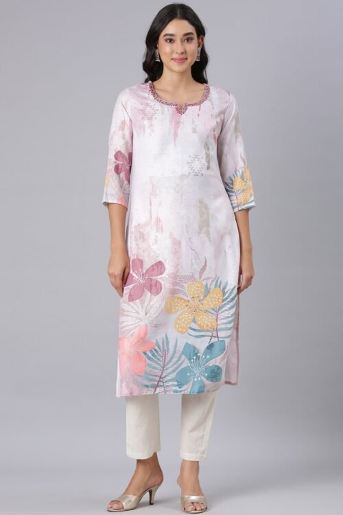 Transacthubs Off White Straight Casual Floral Kurta