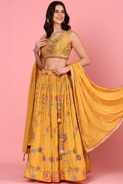 Yellow embroidered georgette Three piece ghagra set