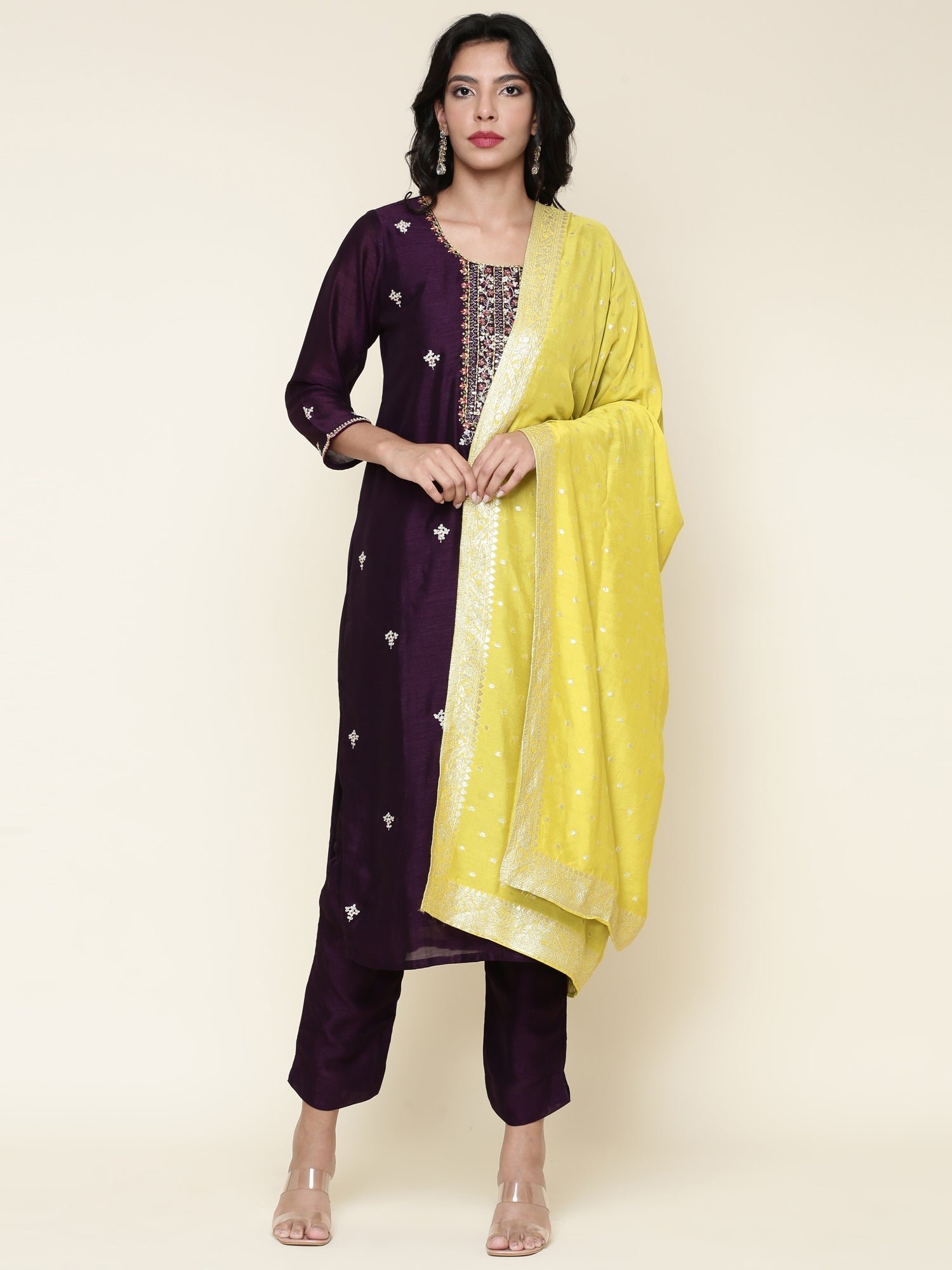Purple Silk Embroidered three piece suit set with Contrast Dupatta - Image 2