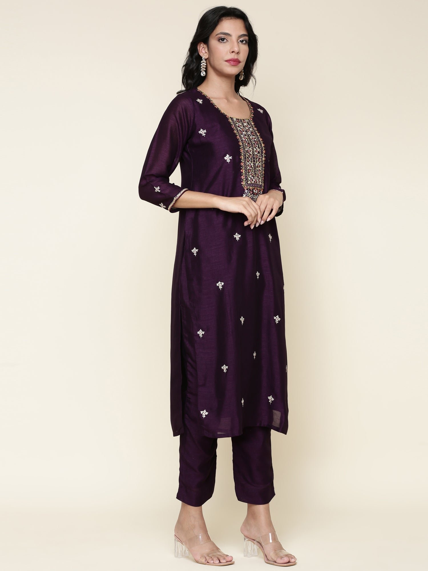 Purple Silk Embroidered three piece suit set with Contrast Dupatta - Image 3
