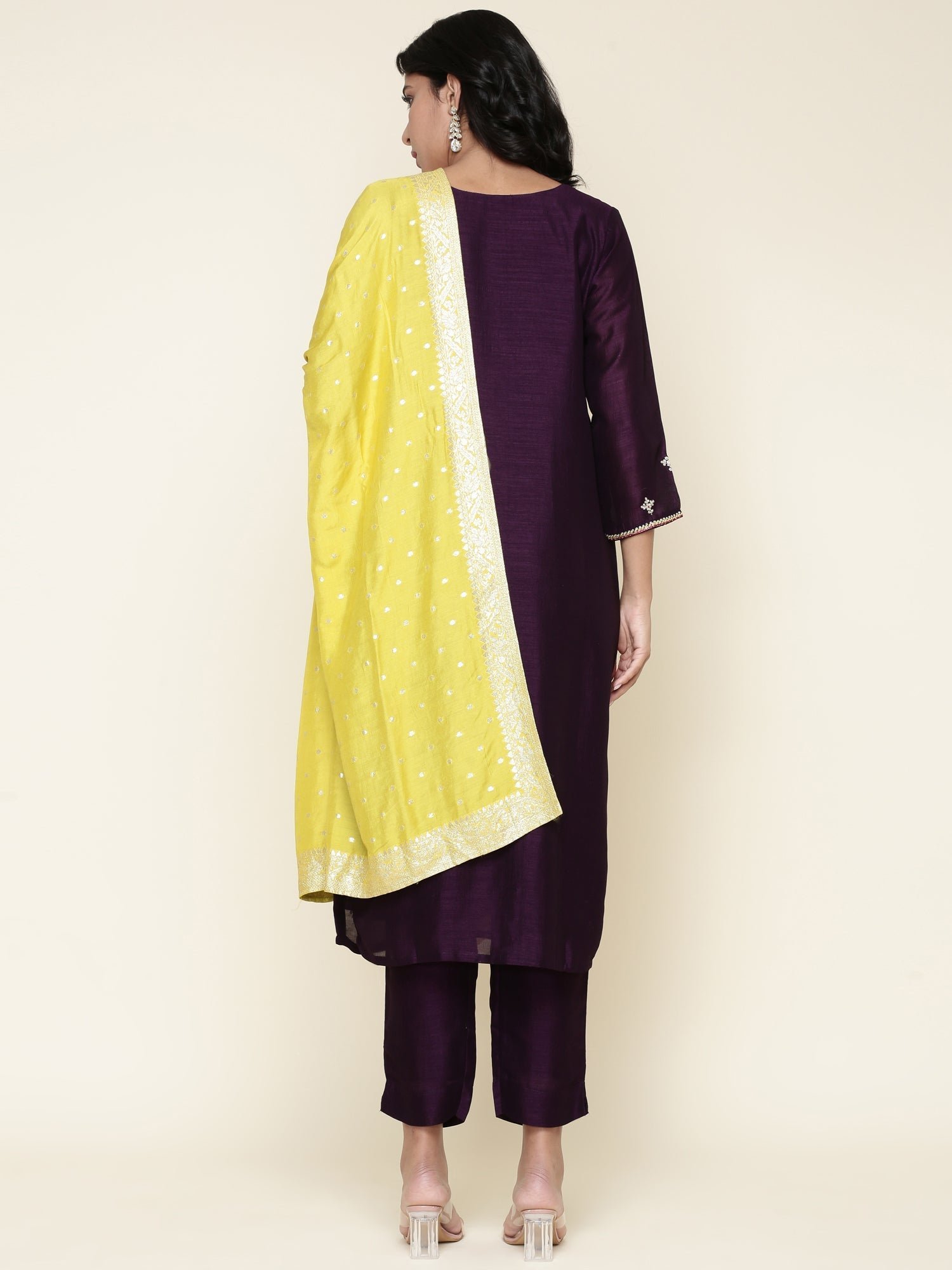Purple Silk Embroidered three piece suit set with Contrast Dupatta - Image 4