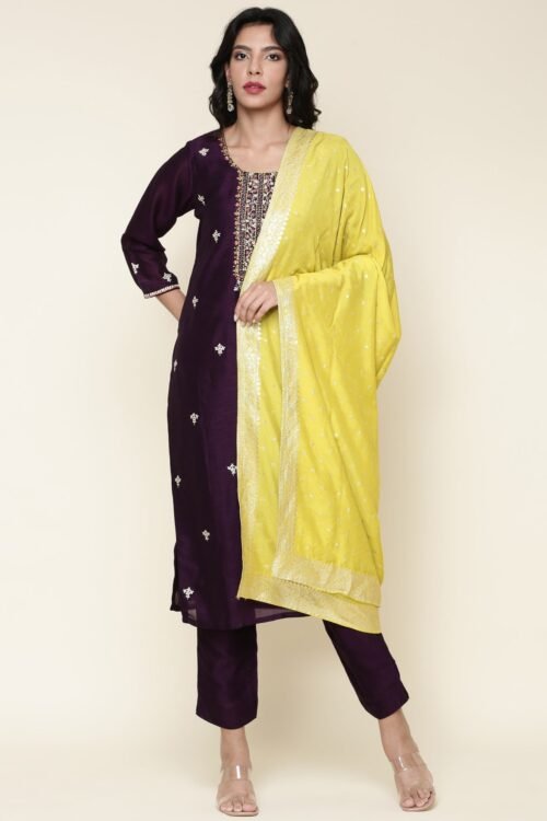 Purple Silk Embroidered three piece suit set with Contrast Dupatta