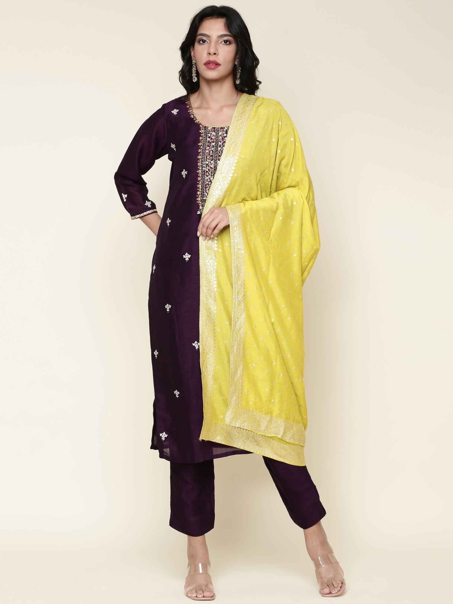 Purple Silk Embroidered three piece suit set with Contrast Dupatta