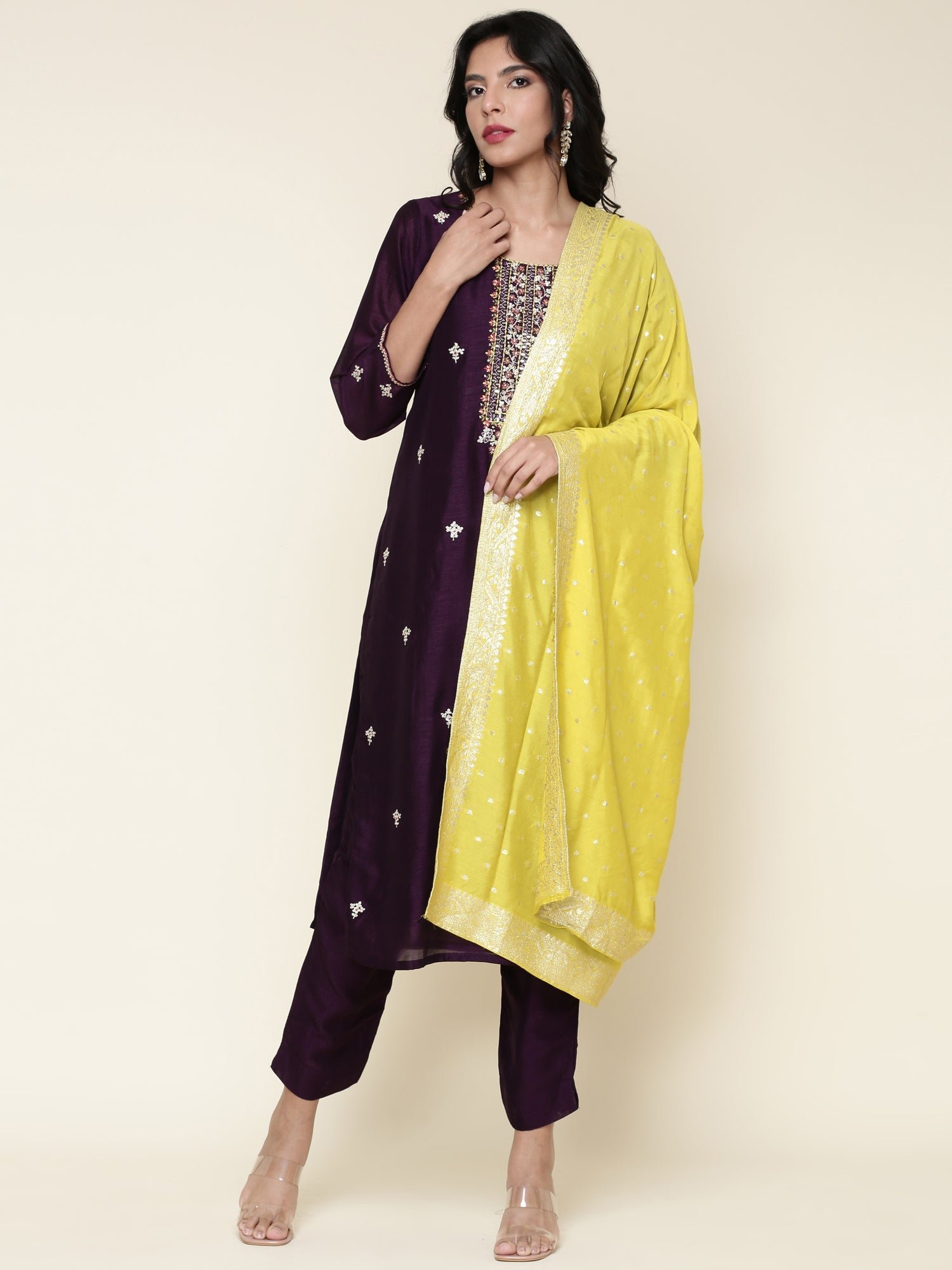 Purple Silk Embroidered three piece suit set with Contrast Dupatta - Image 6