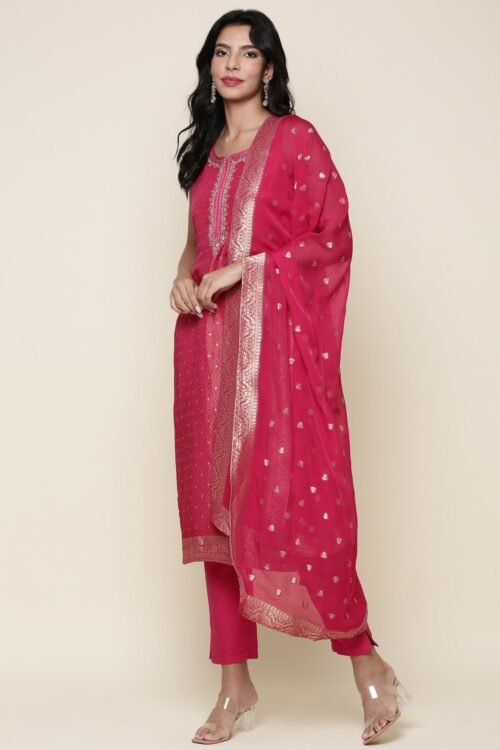 Pink tissue fabric embroidered Three piece suit set