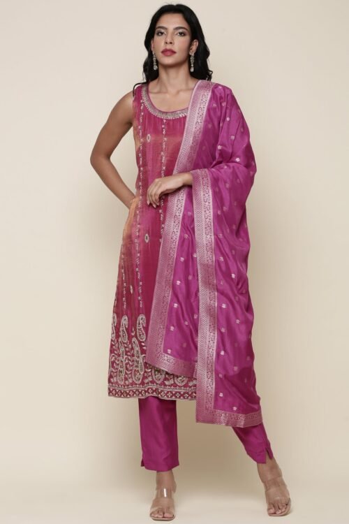 Magenta Tissue suit embroidered three piece set