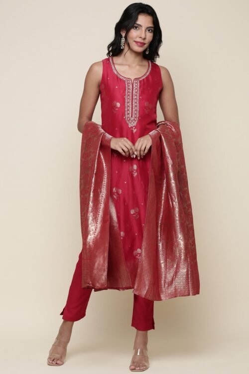 Silk red embroidered Three piece suit set