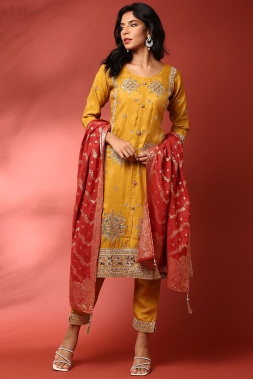 Mustard tissue fabric embroidered three piece suit set with contrast dupatta