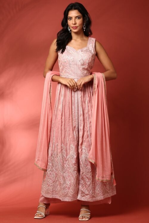 Pink thread work jacket three piece suit set