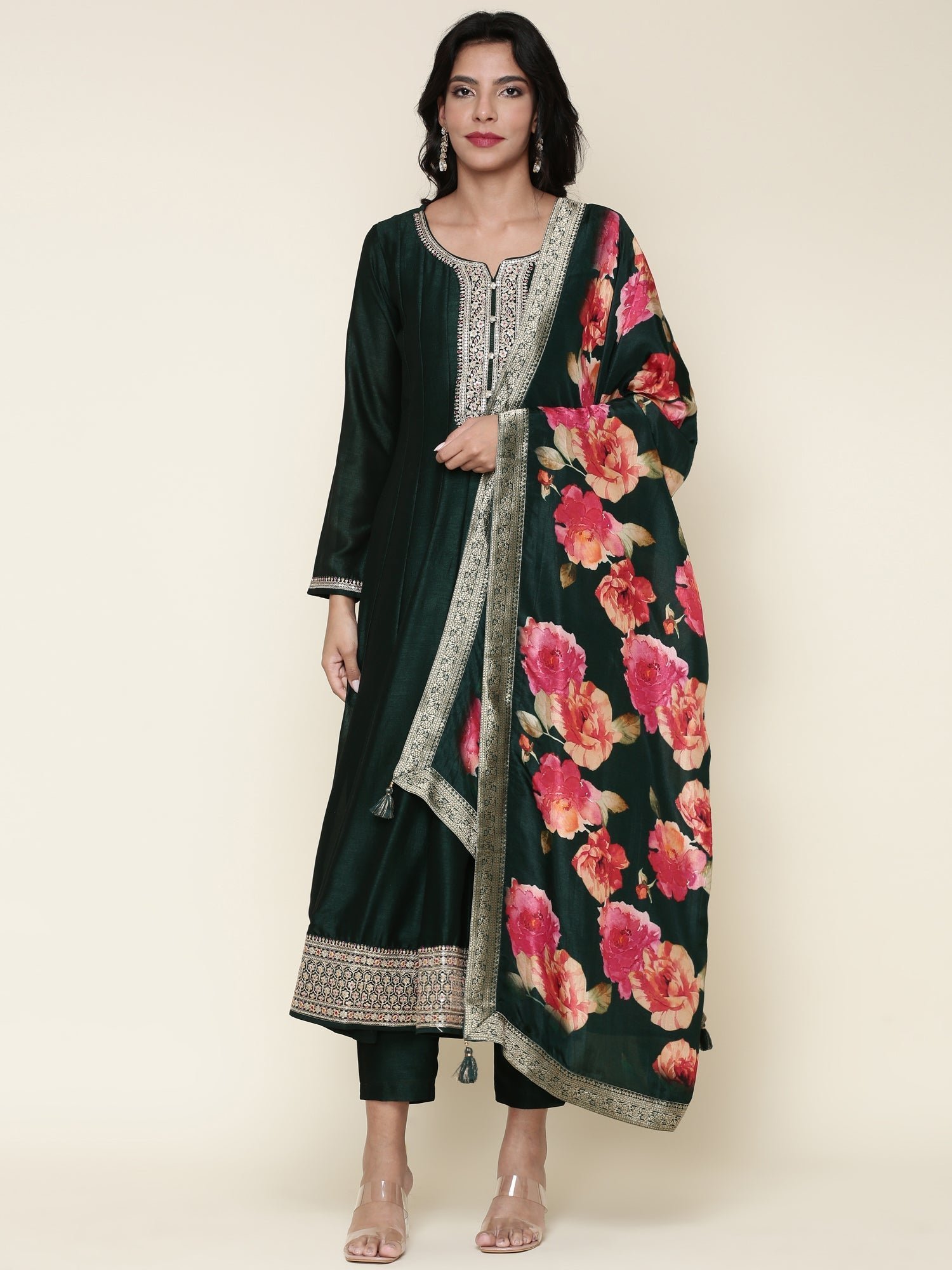 Bottle green silk anarkali embroidered three piece suit set - Image 2