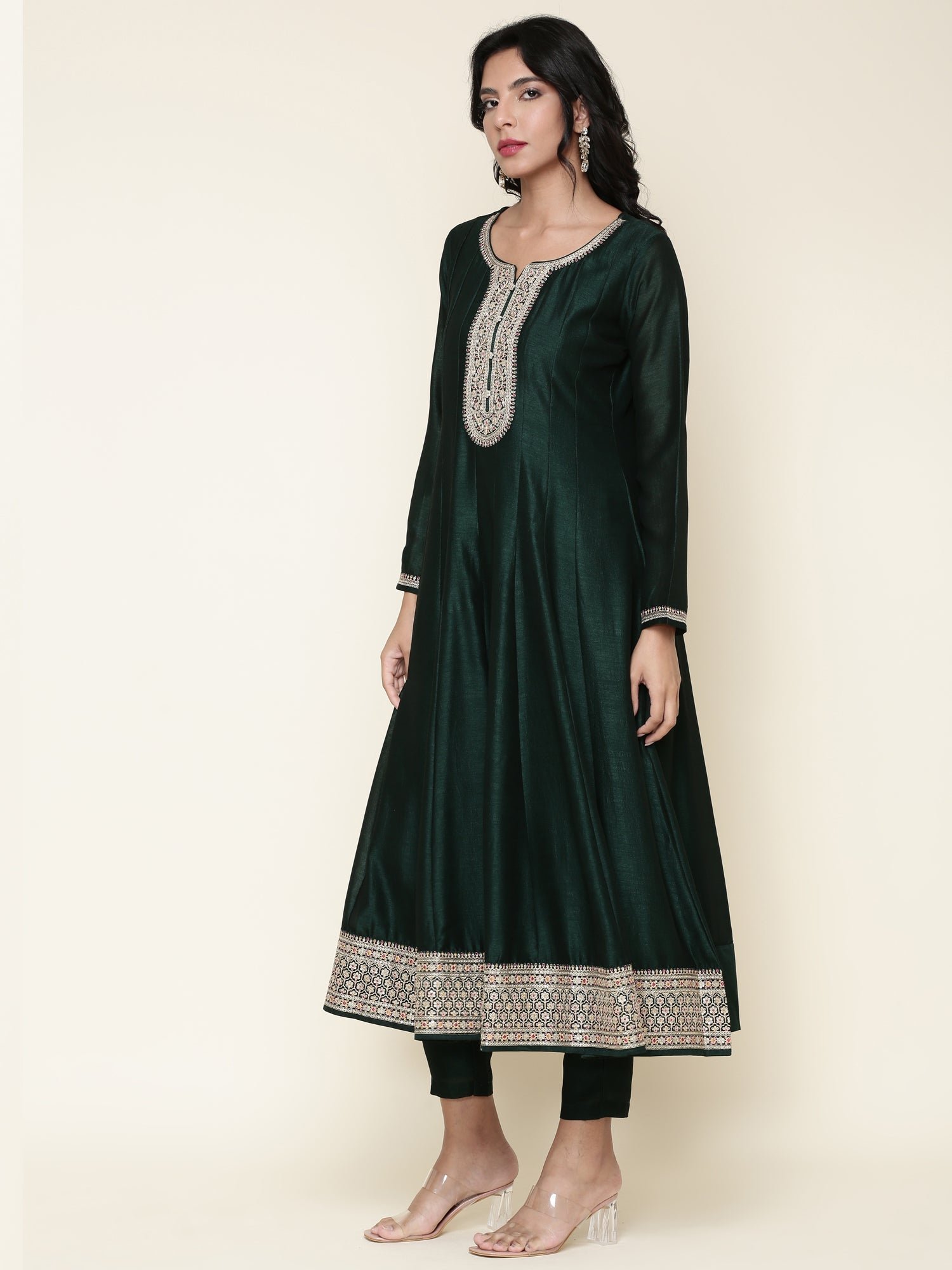 Bottle green silk anarkali embroidered three piece suit set - Image 3