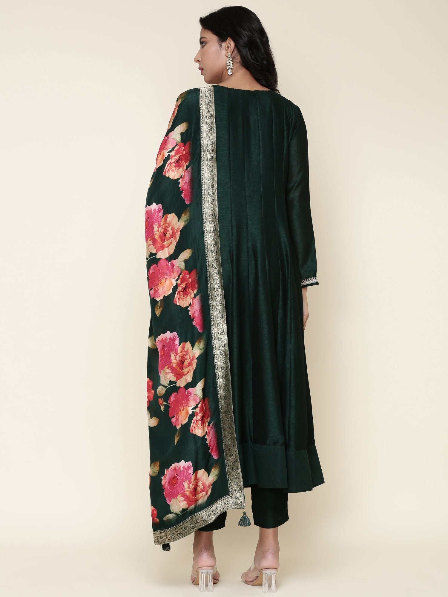 Bottle green silk anarkali embroidered three piece suit set - Image 4