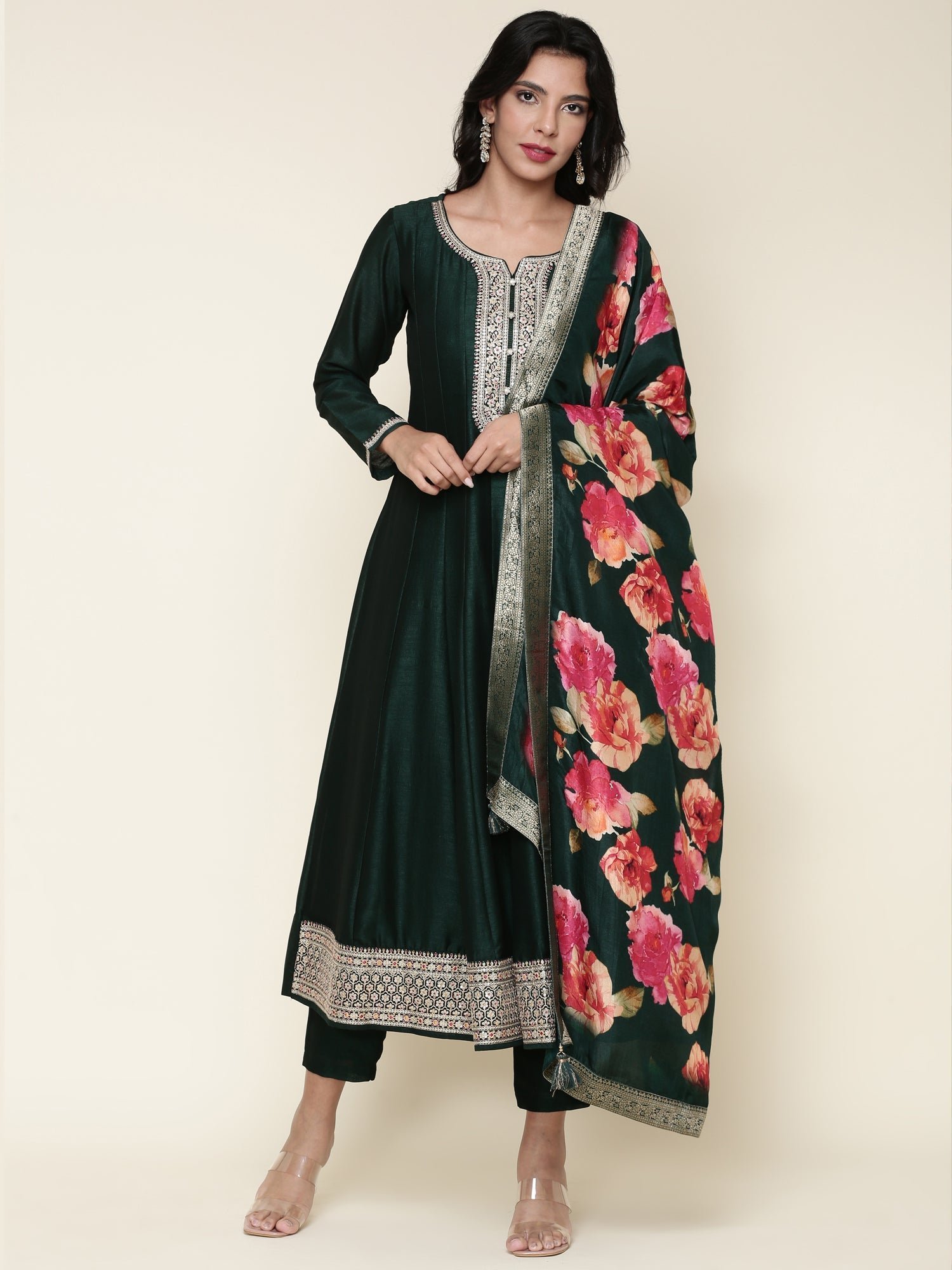 Bottle green silk anarkali embroidered three piece suit set