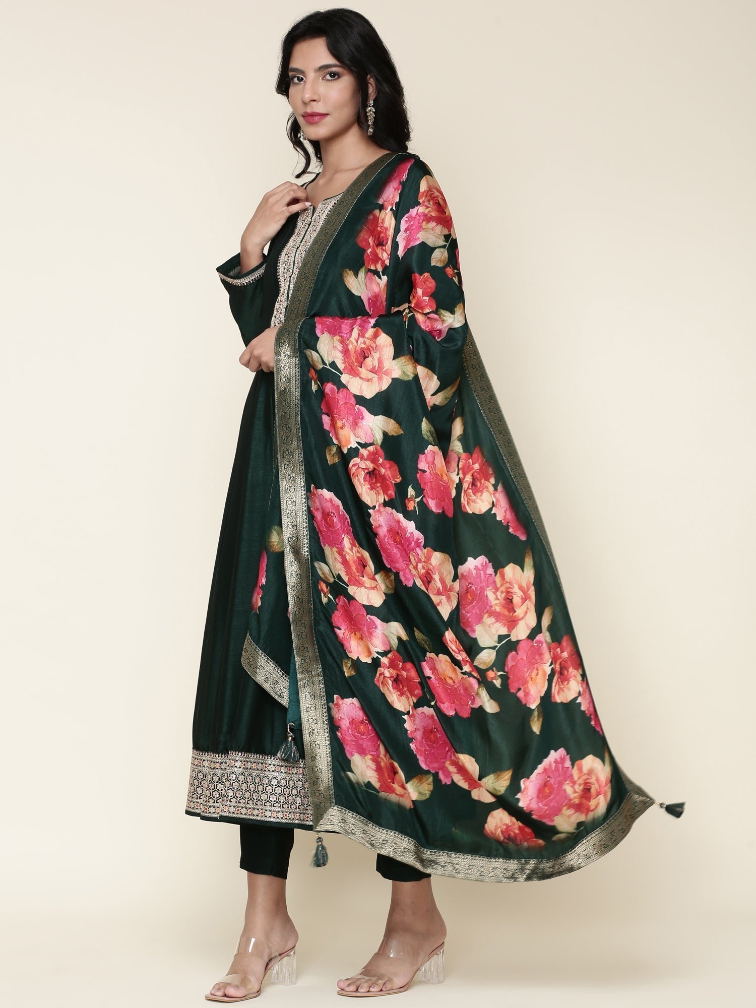 Bottle green silk anarkali embroidered three piece suit set - Image 6