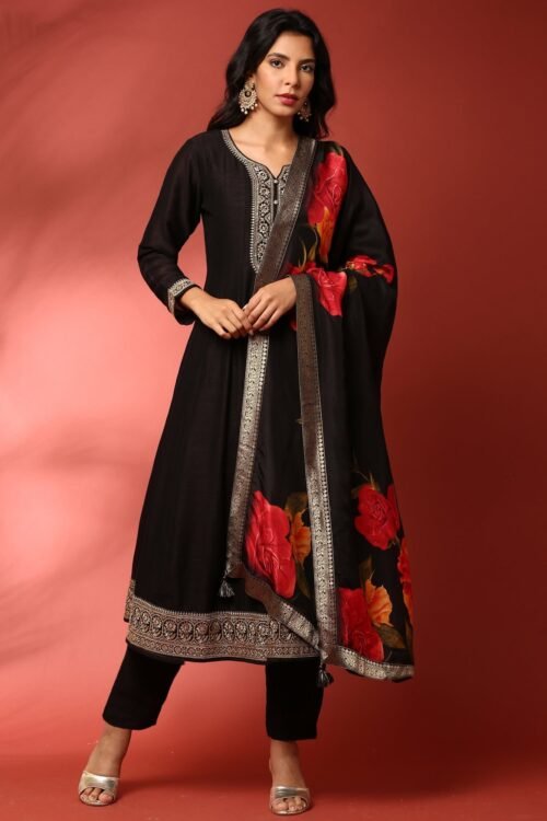 Black Vichitra silk aari embroidered three piece anarkali set
