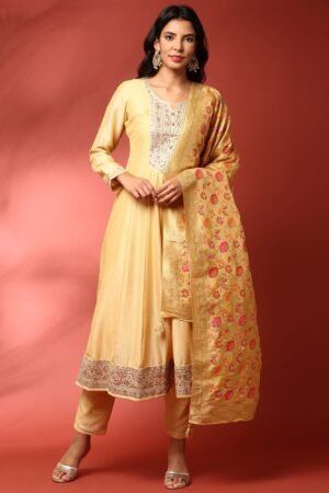 Yellow silk embroidered Three piece anarkali set
