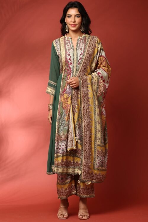 Green and Mustard digital printed embroidered anarkali three piece set